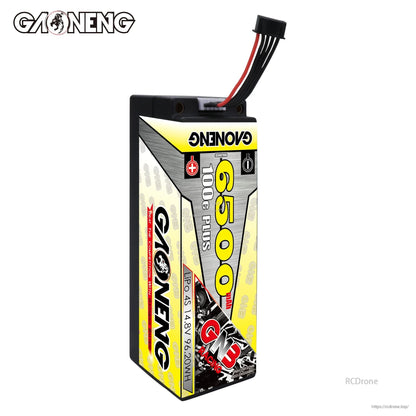 Front view of hard case LiPo battery standing upright with balance lead exiting from the top