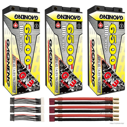 Three batteries bundle with dark red connector leads (5mm bullets) and three balance leads included
