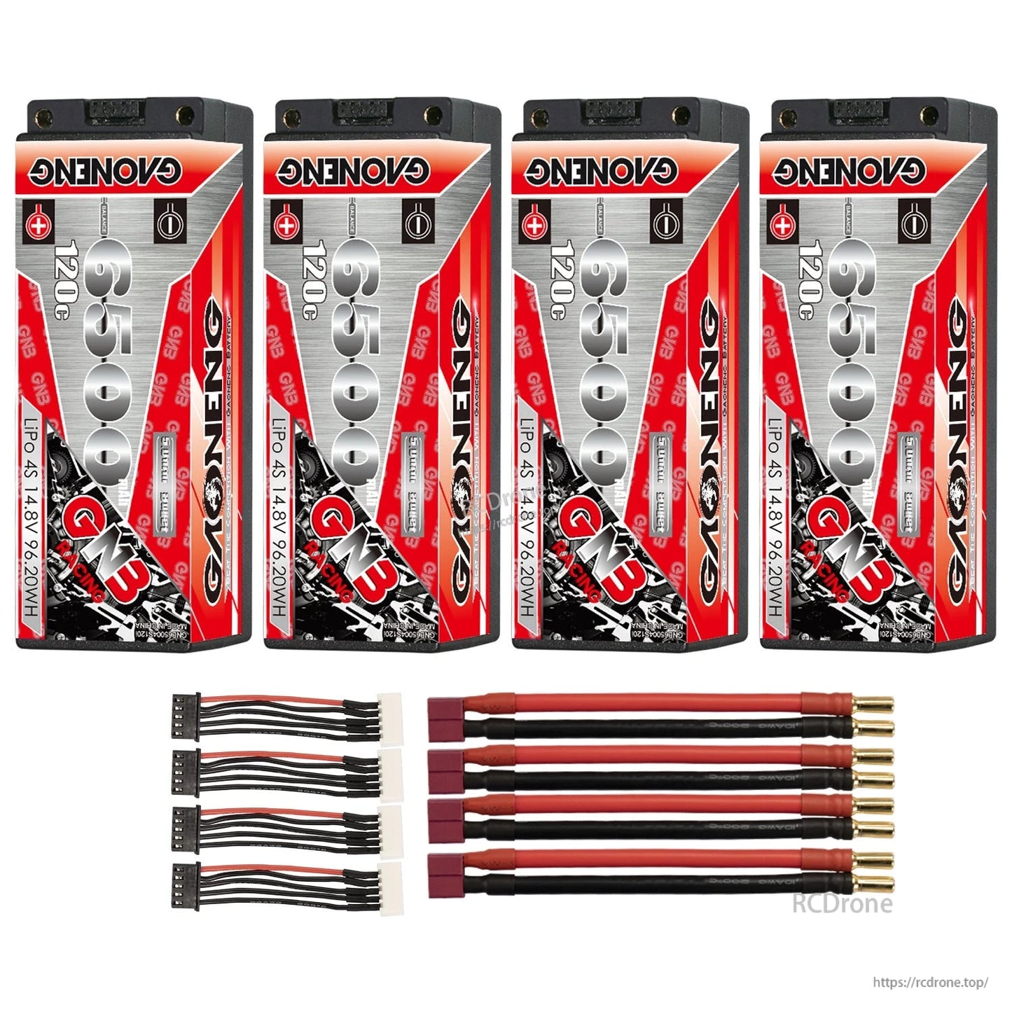 Four-pack set: 4x GNB 6500mAh 120C batteries with four red plug leads and four 4S balance leads