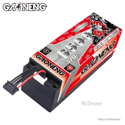 GAONENG GNB 6500mAh 120C hard case LiPo with built-in balance lead, rear-end connector view