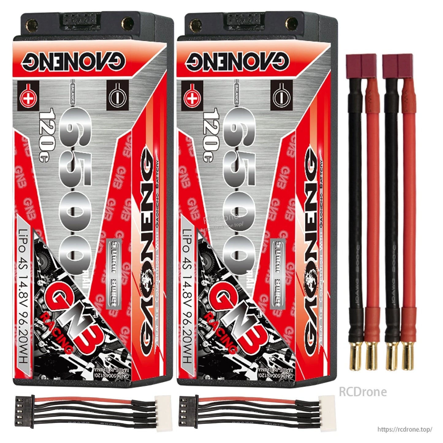 Two-pack layout: 2x GNB 6500mAh 120C batteries with red plug leads and two 4S balance leads
