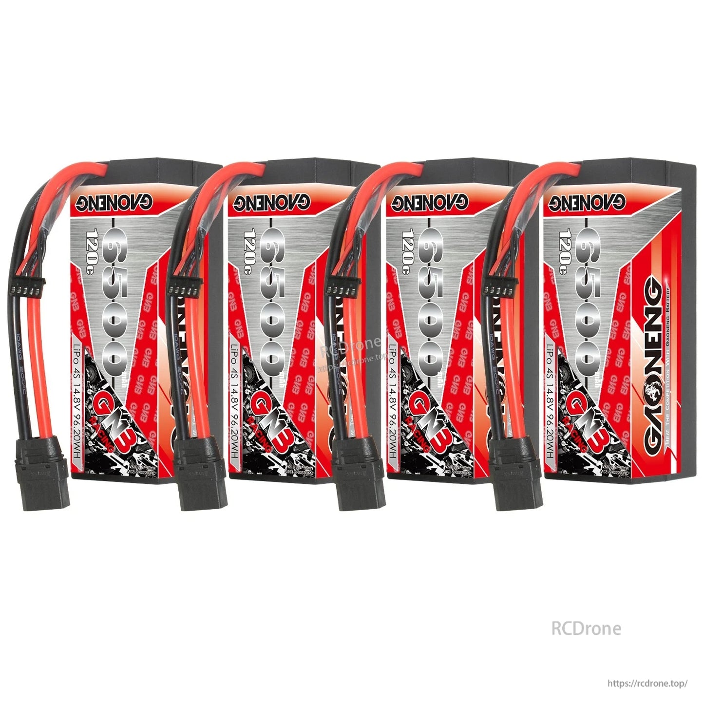Four GAONENG GNB hard case LiPo batteries lineup showing front labels and attached XT90 leads