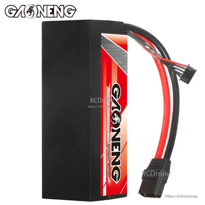 Side view of GAONENG hard case LiPo battery showing thickness and exit of XT90 and balance leads