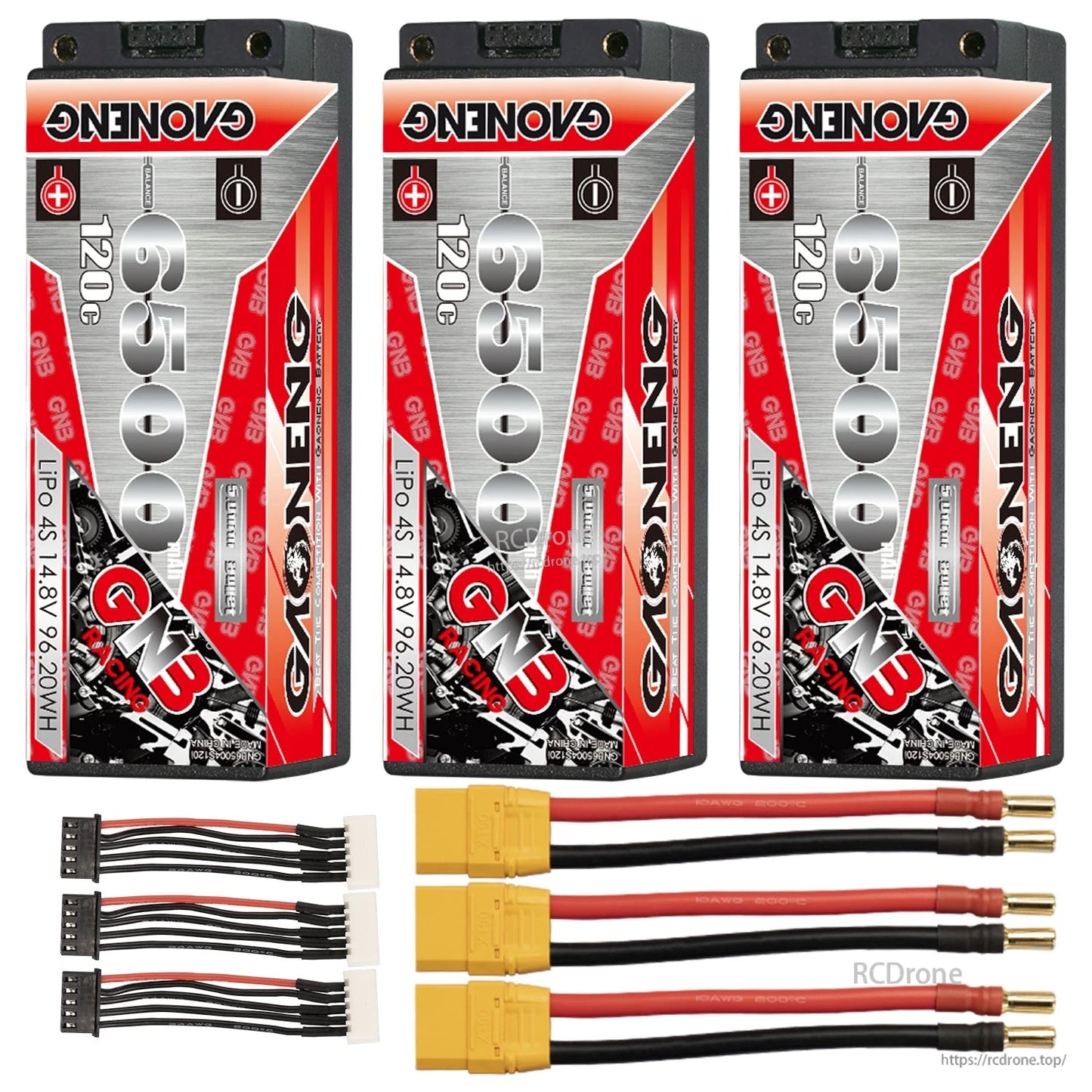 Three-pack set: 3x GNB 6500mAh 120C batteries with three yellow plug leads and three 4S balance leads