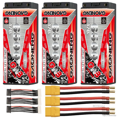 Three-pack set: 3x GNB 6500mAh 120C batteries with three yellow plug leads and three 4S balance leads