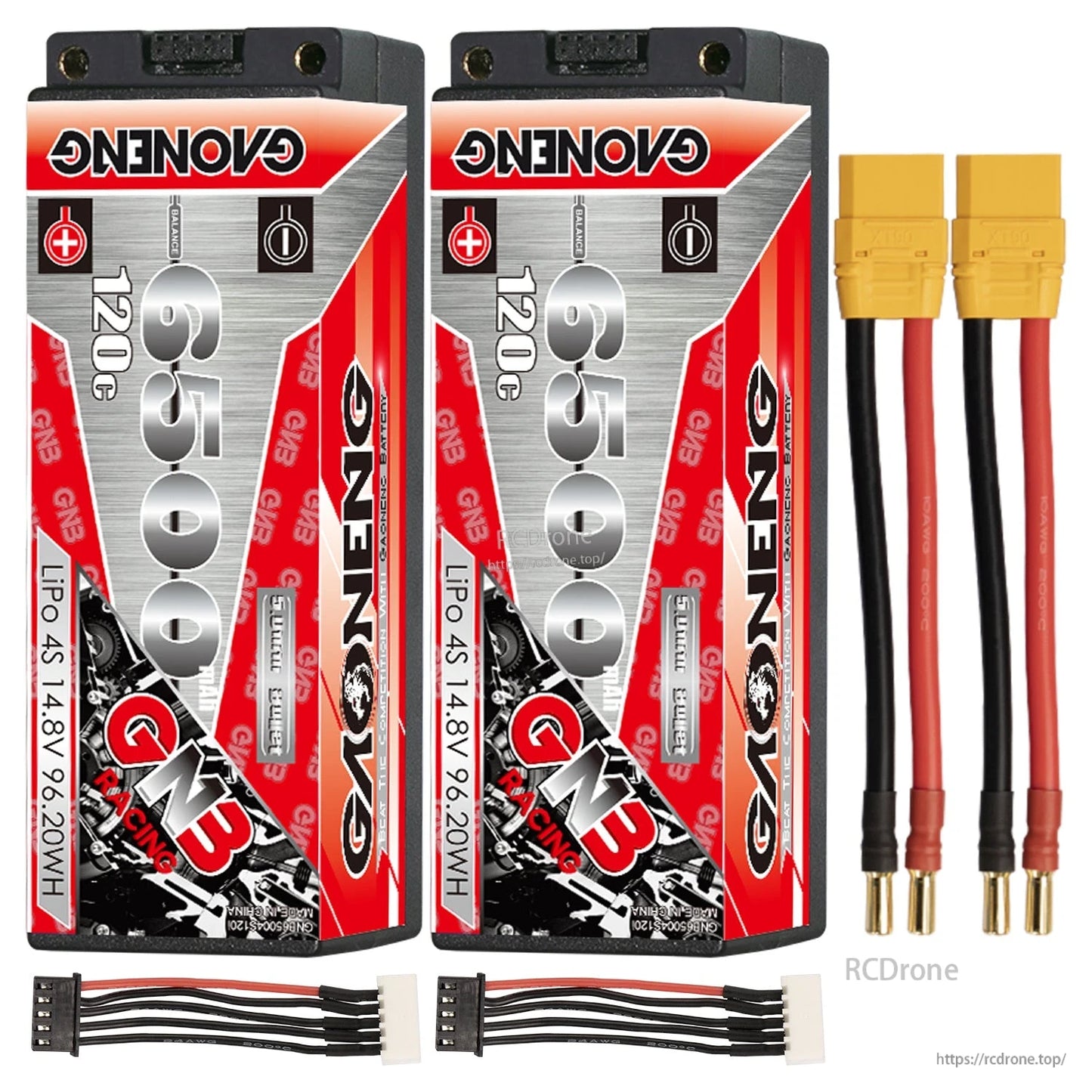 Two-pack layout: 2x GAONENG GNB 6500mAh 120C batteries with yellow plug leads and 4S balance leads