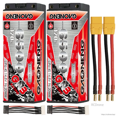 Two-pack layout: 2x GAONENG GNB 6500mAh 120C batteries with yellow plug leads and 4S balance leads