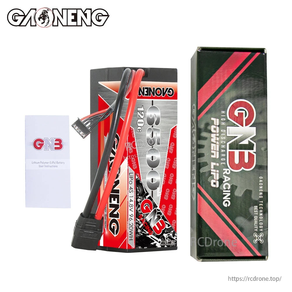 Package contents: GAONENG GNB 4S 6500mAh battery, GNB Power LiPo box, and instruction leaflet