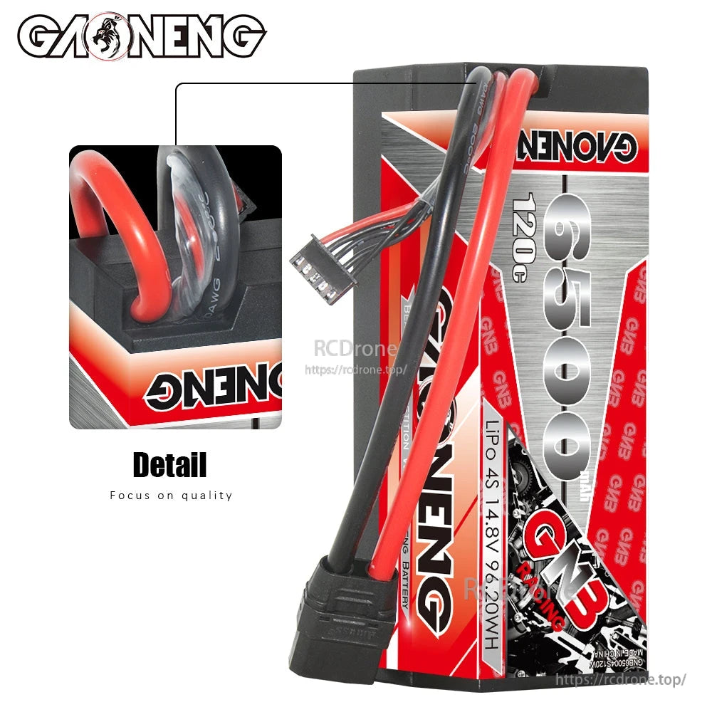 XT90 power lead and 4S balance plug detail on GAONENG GNB hard case LiPo battery