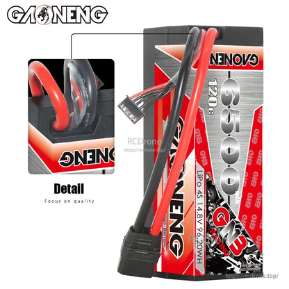 XT90 power lead and 4S balance plug detail on GAONENG GNB hard case LiPo battery