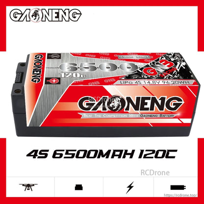 GAONENG GNB 4S 6500mAh 120C hard case LiPo battery promo graphic, side view with model text