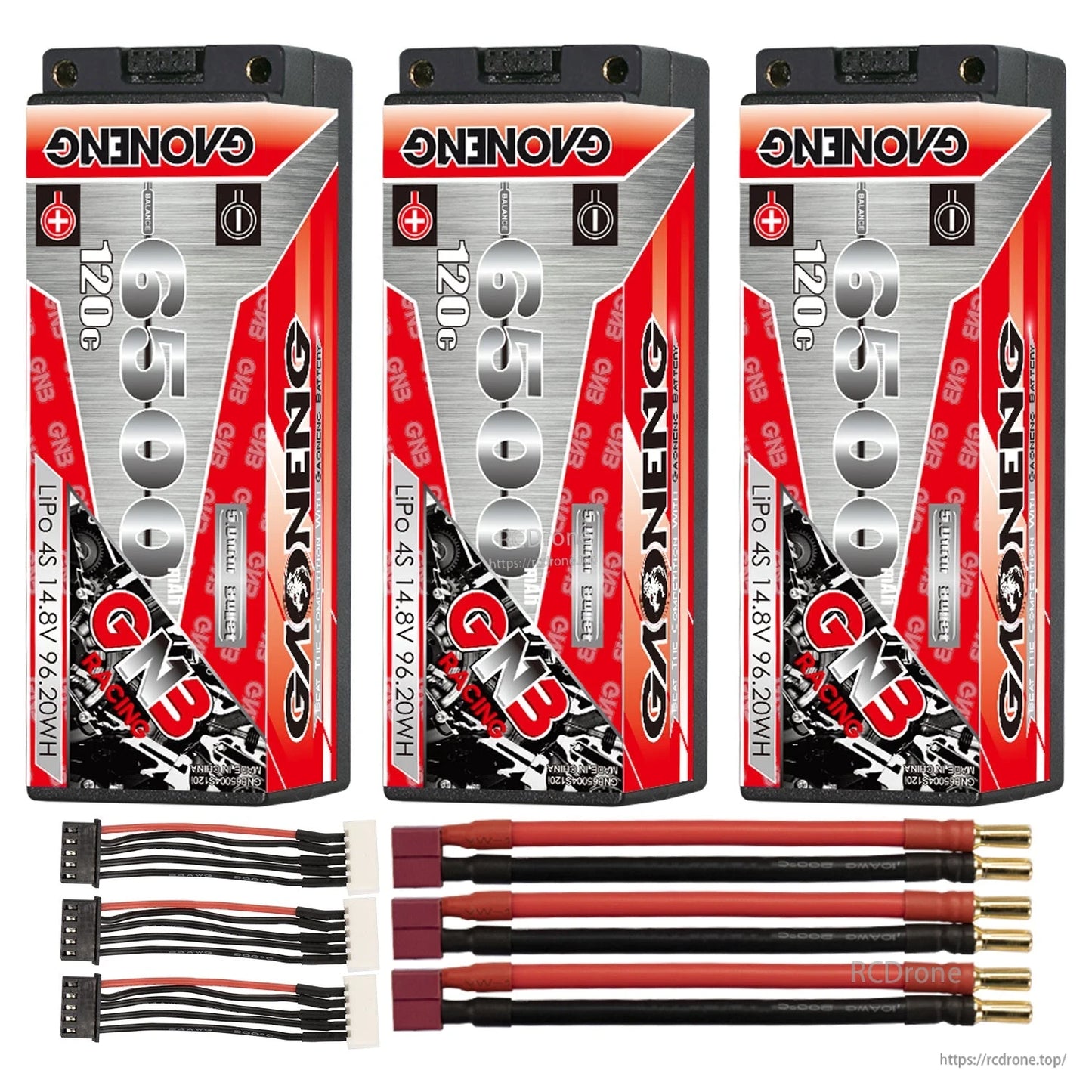 Three-pack set: 3x GNB 6500mAh 120C batteries with three red plug leads and three 4S balance leads