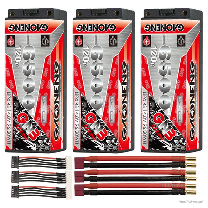 Three-pack set: 3x GNB 6500mAh 120C batteries with three red plug leads and three 4S balance leads