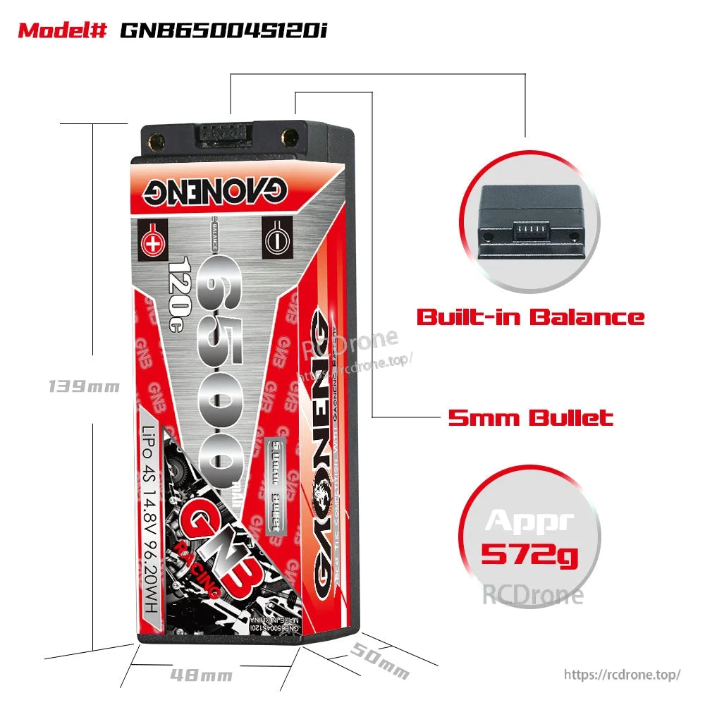 Battery size and features diagram: GNB65004S120i, 139×48×50mm, built-in balance port, 5mm bullet