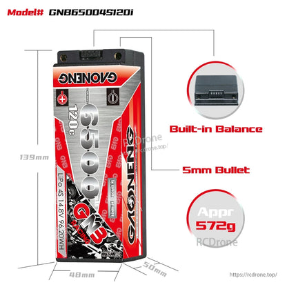 Battery size and features diagram: GNB65004S120i, 139×48×50mm, built-in balance port, 5mm bullet