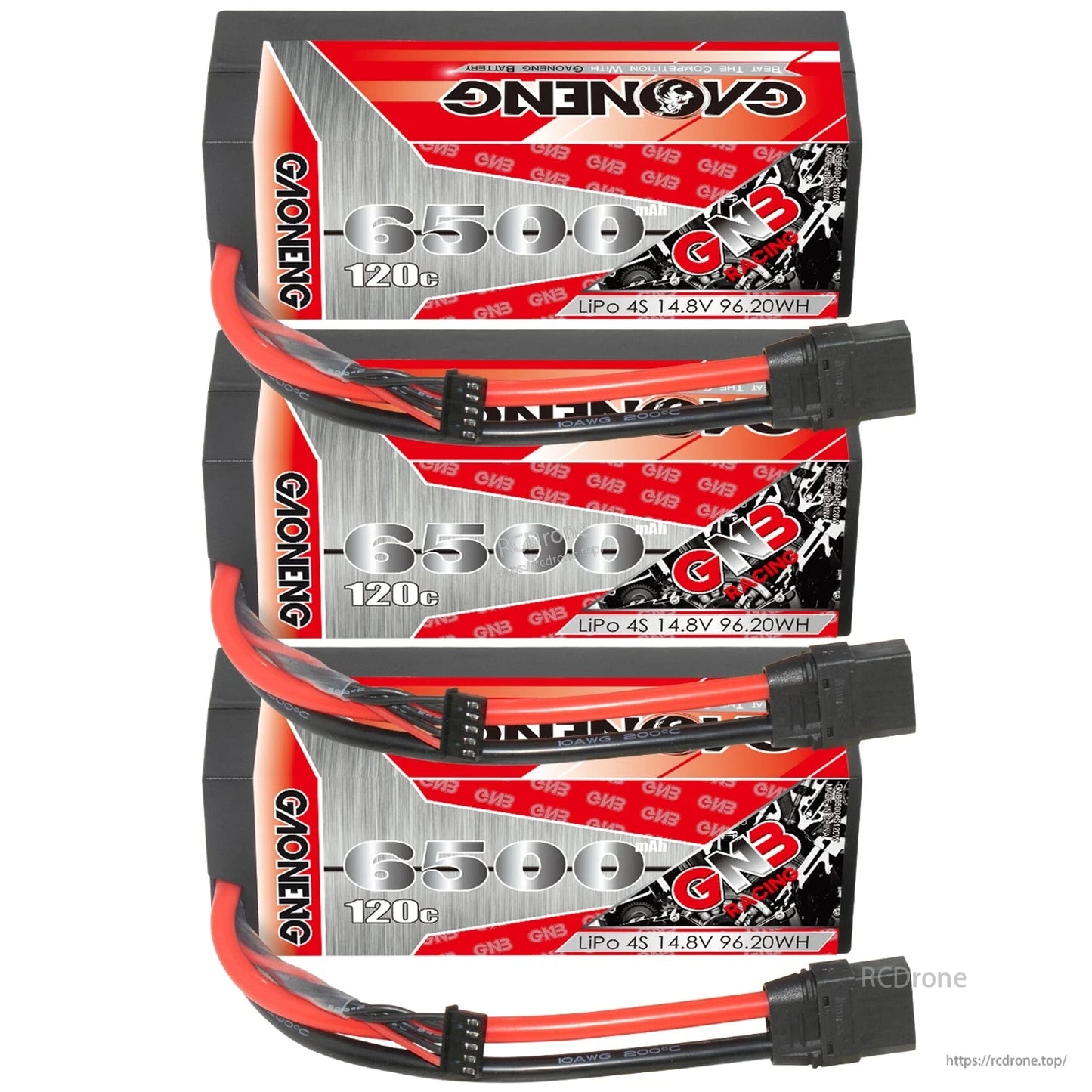 Three GAONENG GNB 6500mAh 120C hard case LiPo batteries stacked with XT90 leads visible