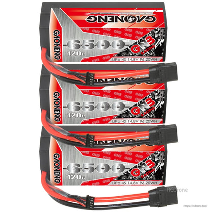 Three GAONENG GNB 6500mAh 120C hard case LiPo batteries stacked with XT90 leads visible