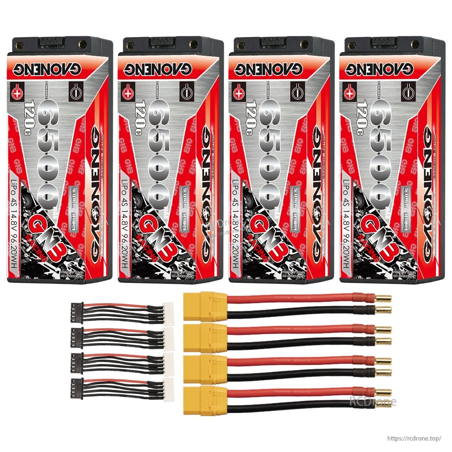 Four-pack set: 4x GNB 6500mAh 120C batteries with four yellow plug leads and four 4S balance leads