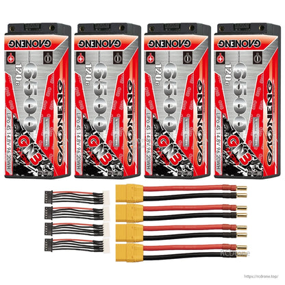 Four-pack set: 4x GNB 6500mAh 120C batteries with four yellow plug leads and four 4S balance leads