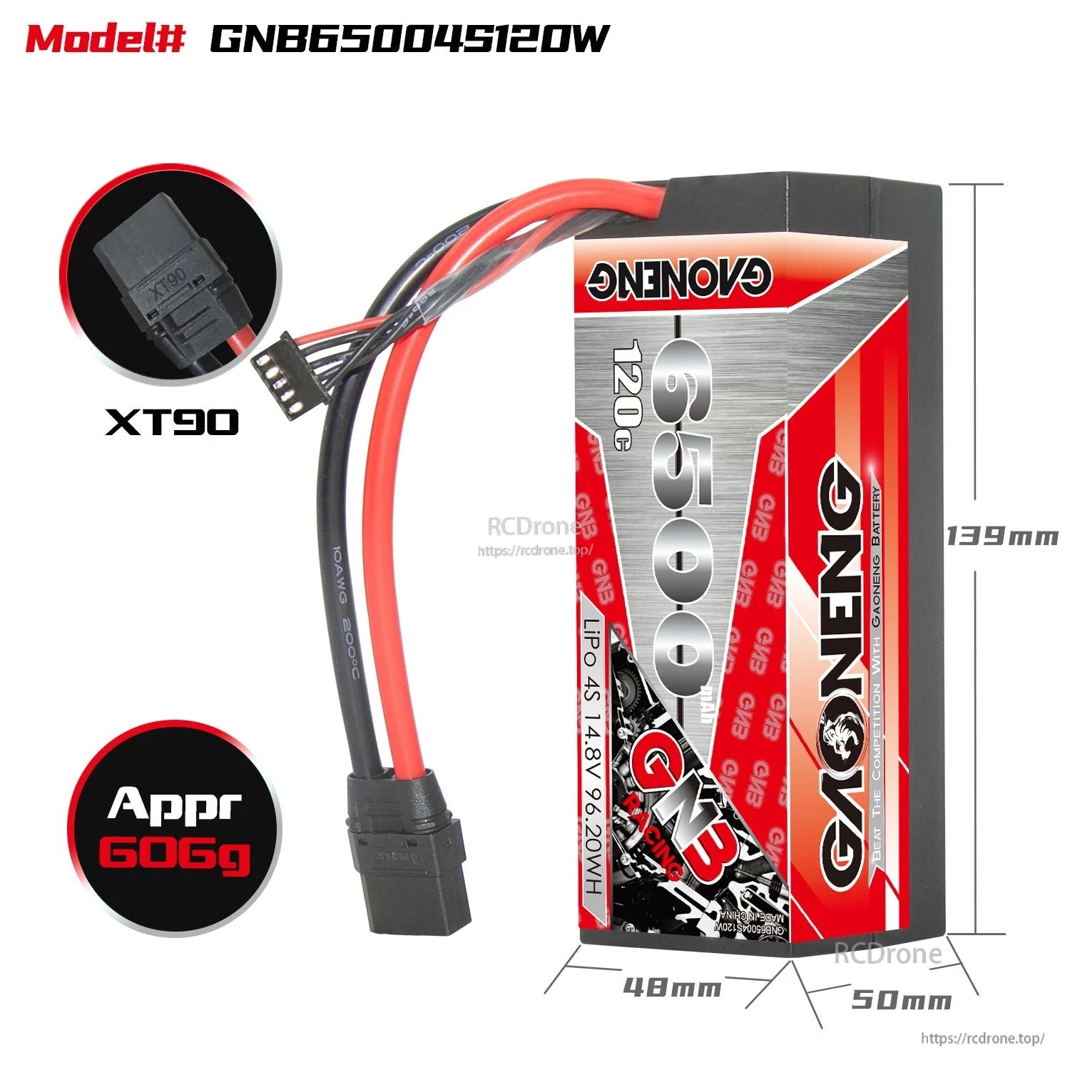 GNB65004S120W battery dimensions graphic with XT90 connector close-up and approx 606g weight