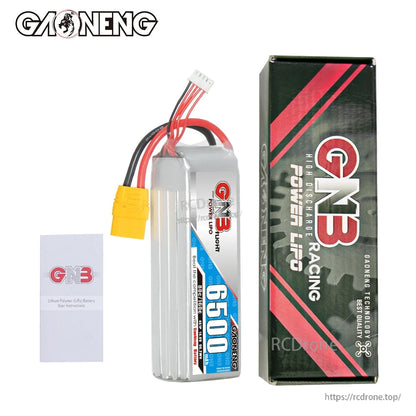 Package contents: GNB 6500mAh LiPo battery, retail box, and instruction leaflet