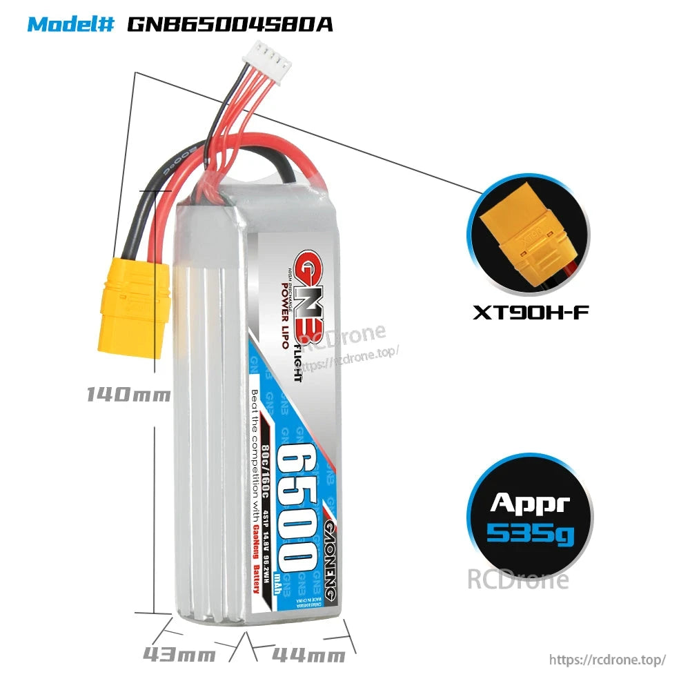 Battery dimensions and connector graphic: 140mm length, 45mm x 44mm, XT90H-F, approx 535g