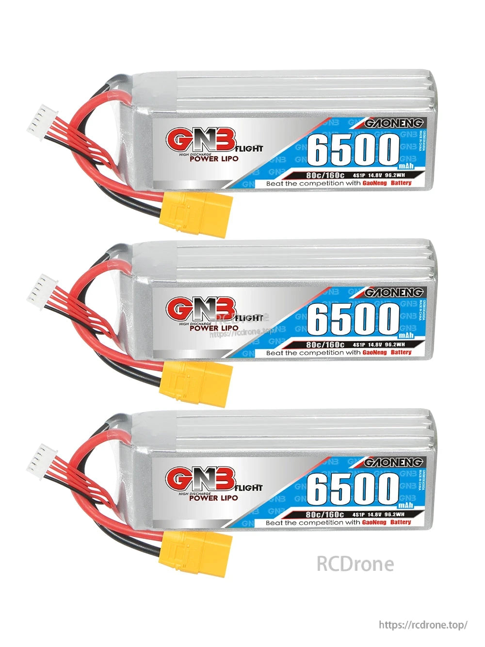 Three GNB 6500mAh LiPo batteries stacked horizontally, showing labels and XT90 connectors