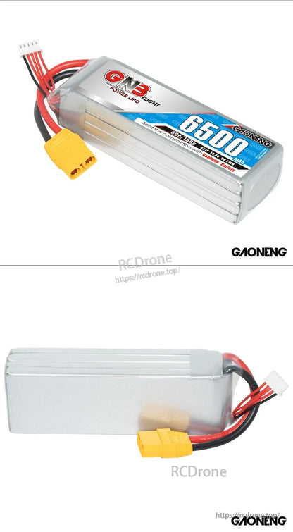 Two-view collage showing labeled face and plain side of the GNB 6500mAh LiPo battery pack