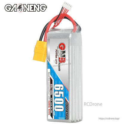 GAONENG GNB 4S 14.8V 6500mAh 80C LiPo battery upright view showing full front label and leads