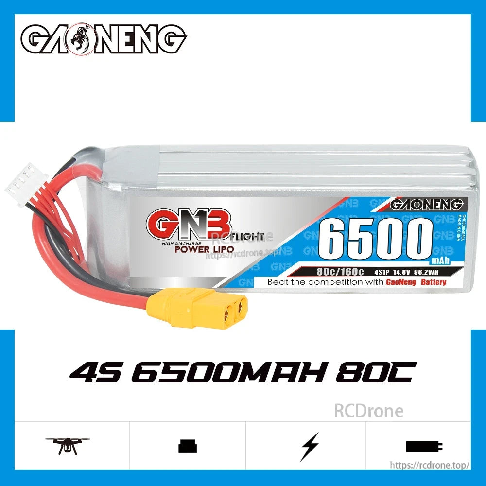 GAONENG GNB 4S 14.8V 6500mAh 80C LiPo Battery side view on spec graphic with “4S 6500mAh 80C” text