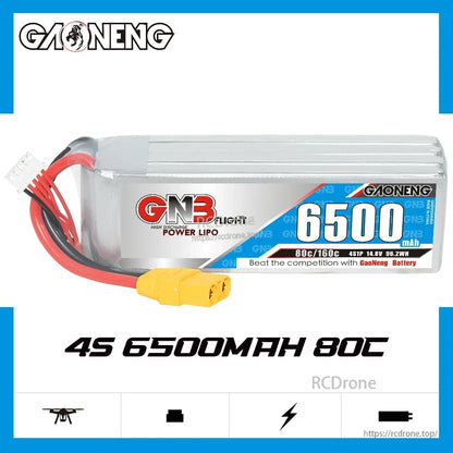 GAONENG GNB 4S 14.8V 6500mAh 80C LiPo Battery side view on spec graphic with “4S 6500mAh 80C” text