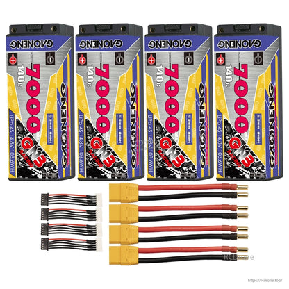 Four batteries with yellow plug power lead adapters and balance leads arranged in full kit layout