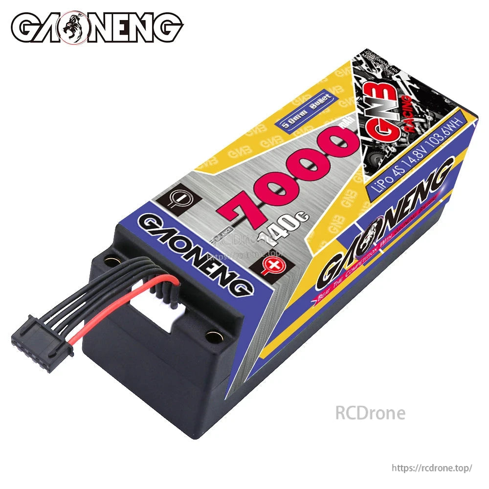 Balance lead close-up on GNB hard case LiPo battery, showing plug and wire exit from case