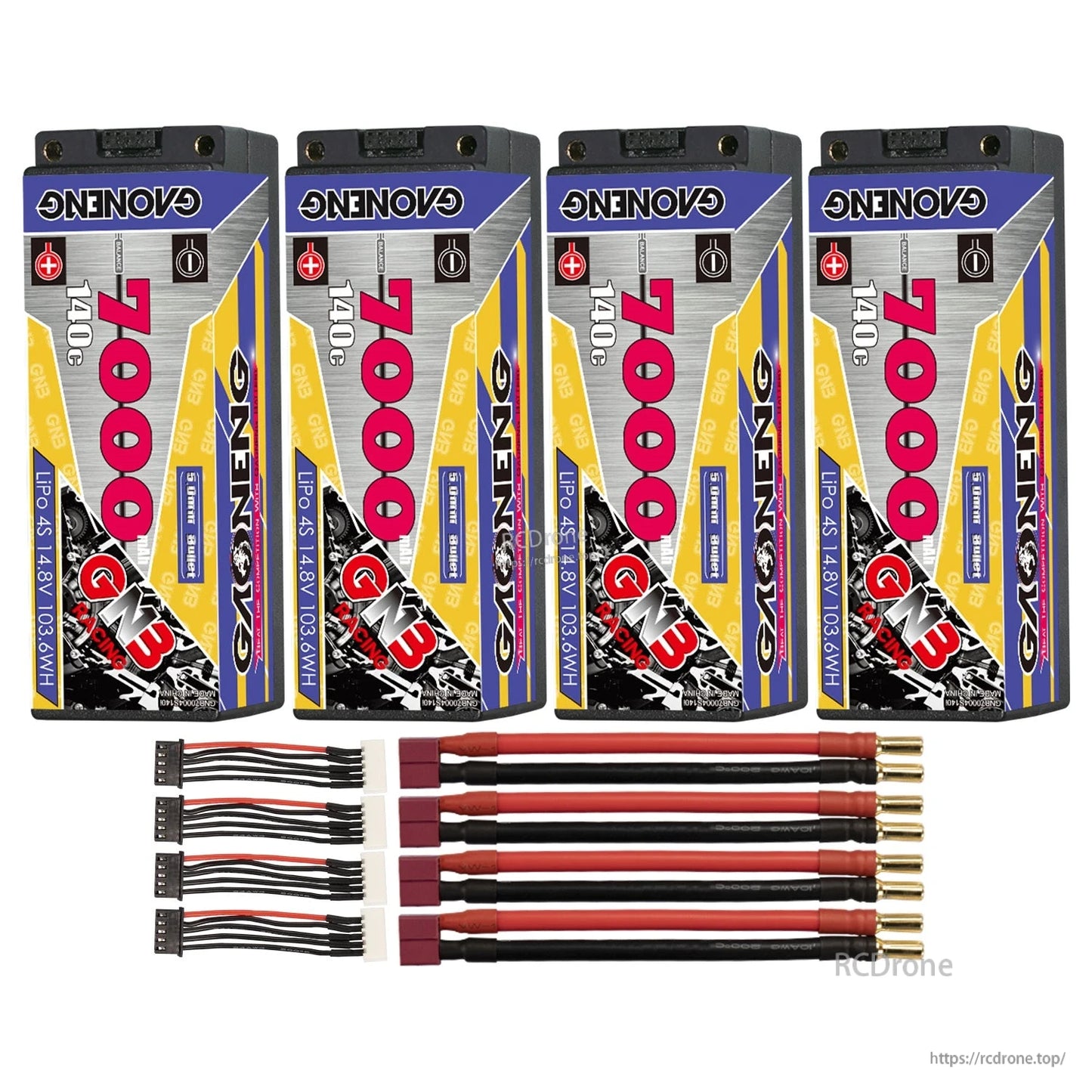 Four-pack set: 4 hard case 4S batteries with multiple bullet power leads and balance connectors