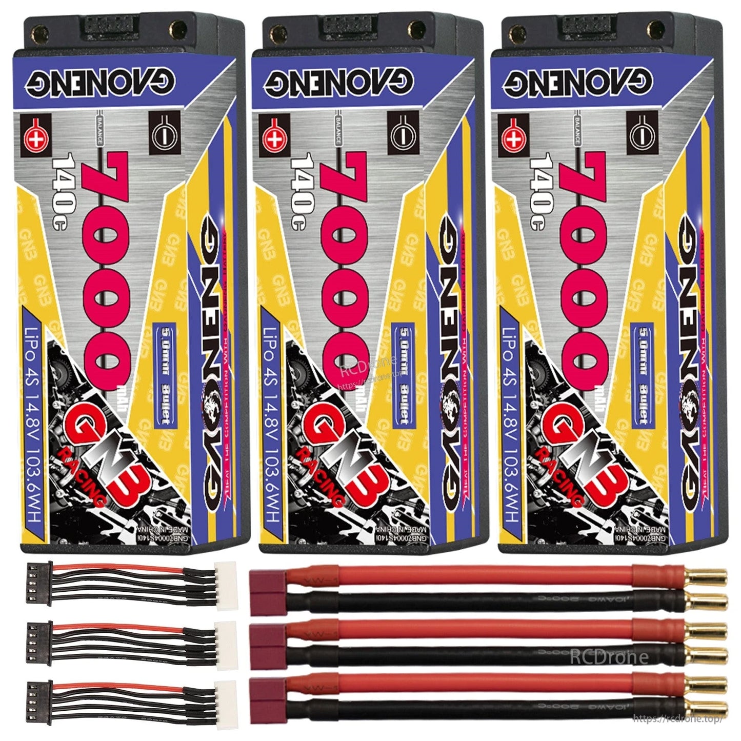 Three-pack set of hard case 4S 7000mAh batteries with bullet leads and balance plugs arranged below
