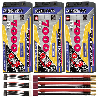 Three-pack set of hard case 4S 7000mAh batteries with bullet leads and balance plugs arranged below