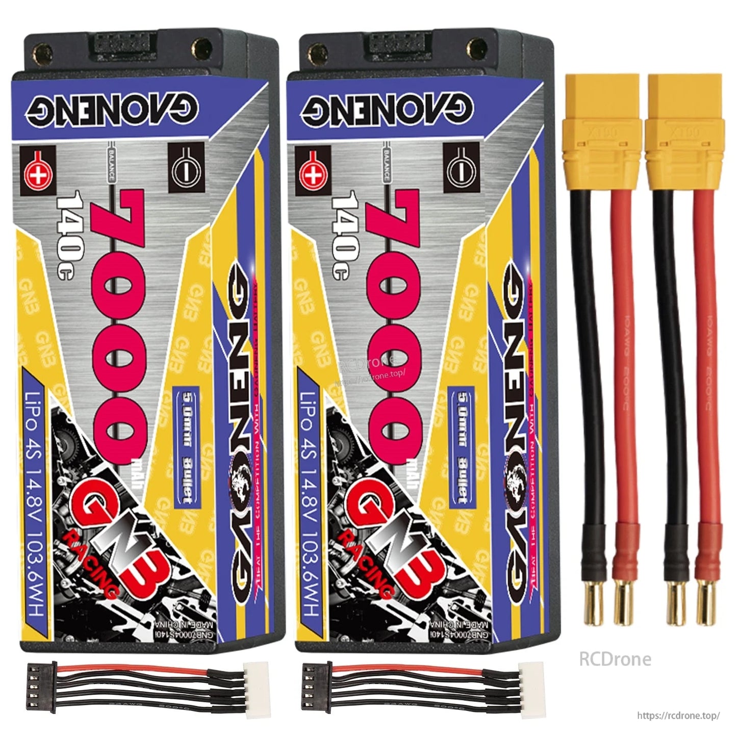 Two batteries with yellow plug power lead adapters and balance leads included, shown side by side
