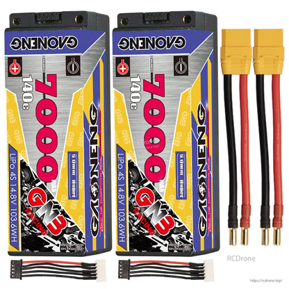 Two batteries with yellow plug power lead adapters and balance leads included, shown side by side