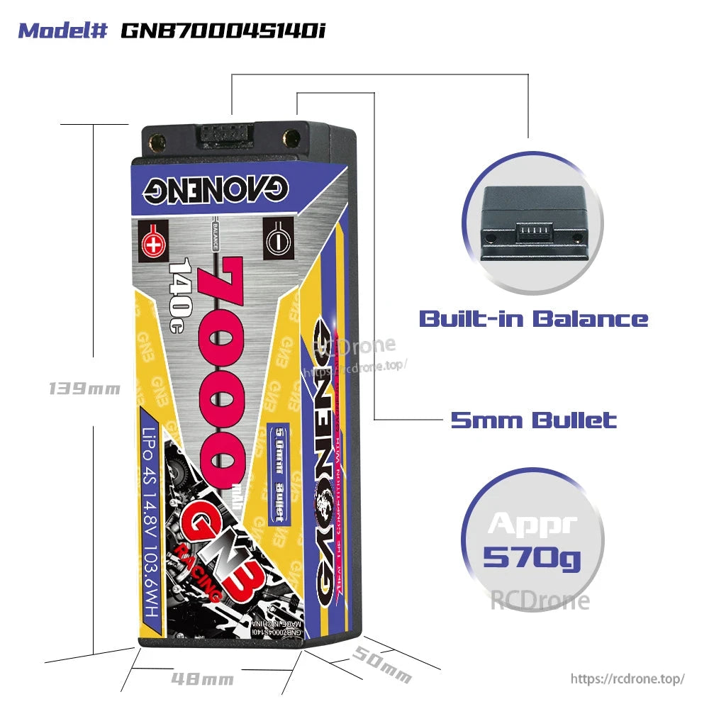 Battery dimensions and features diagram: built-in balance port, 5mm bullet connectors, approx 570g weight