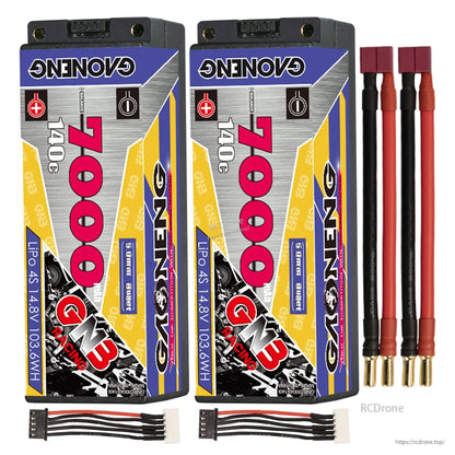 Two-pack layout: 2 hard case 7000mAh 4S LiPo batteries with bullet leads and balance plugs