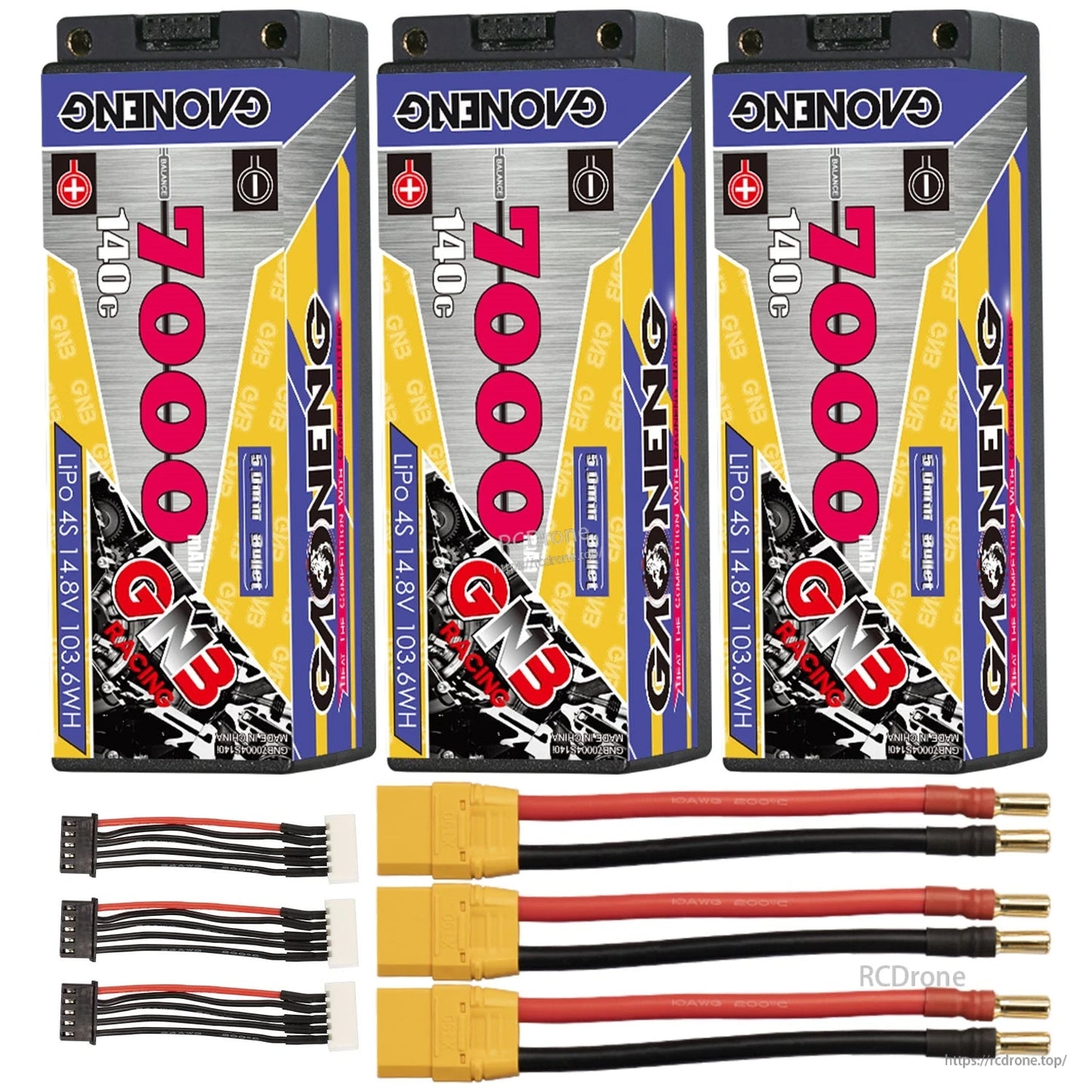Three batteries with yellow plug power lead adapters and balance leads, grouped for pack quantity
