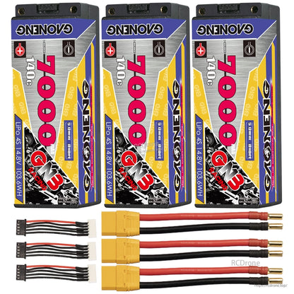 Three batteries with yellow plug power lead adapters and balance leads, grouped for pack quantity