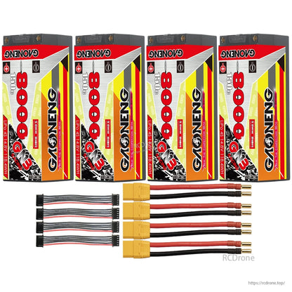 Four batteries with yellow plug leads, 5mm bullet ends, and four balance leads shown