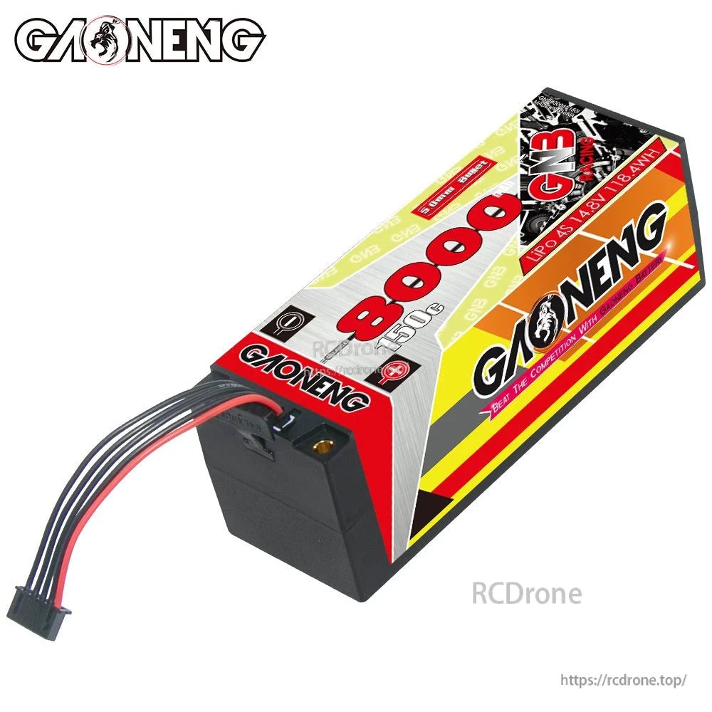 GAONENG GNB hard case LiPo with balance lead cable coming from end cap, angled view