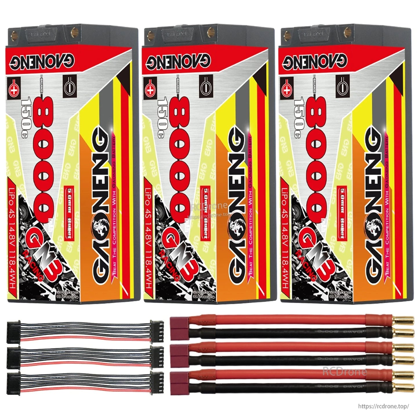 Three-pack layout: 3 GAONENG GNB 4S 8000mAh batteries with multiple 5mm bullet leads and balance leads