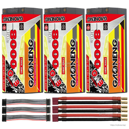 Three-pack layout: 3 GAONENG GNB 4S 8000mAh batteries with multiple 5mm bullet leads and balance leads