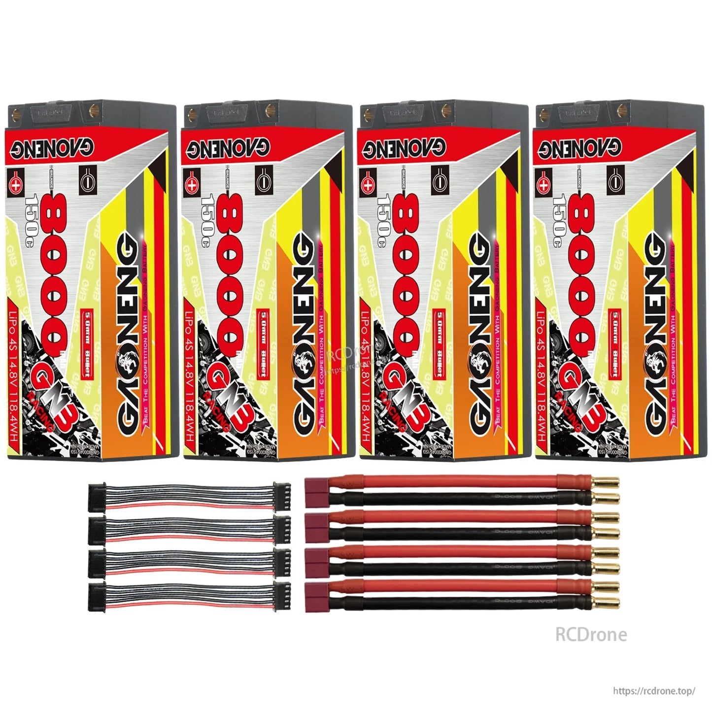 Four-pack layout: 4 GAONENG GNB 4S 8000mAh batteries with 5mm bullet adapters and balance leads