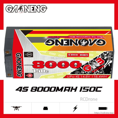 GAONENG GNB 4S 8000mAh 150C hardcase LiPo battery graphic showing 14.8V and 118.4Wh