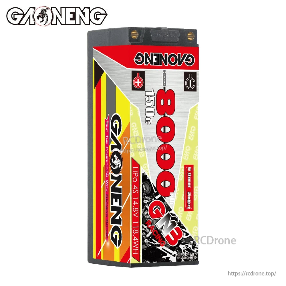 Front label view of GAONENG GNB 8000mAh 150C hard case LiPo battery, 4S 14.8V