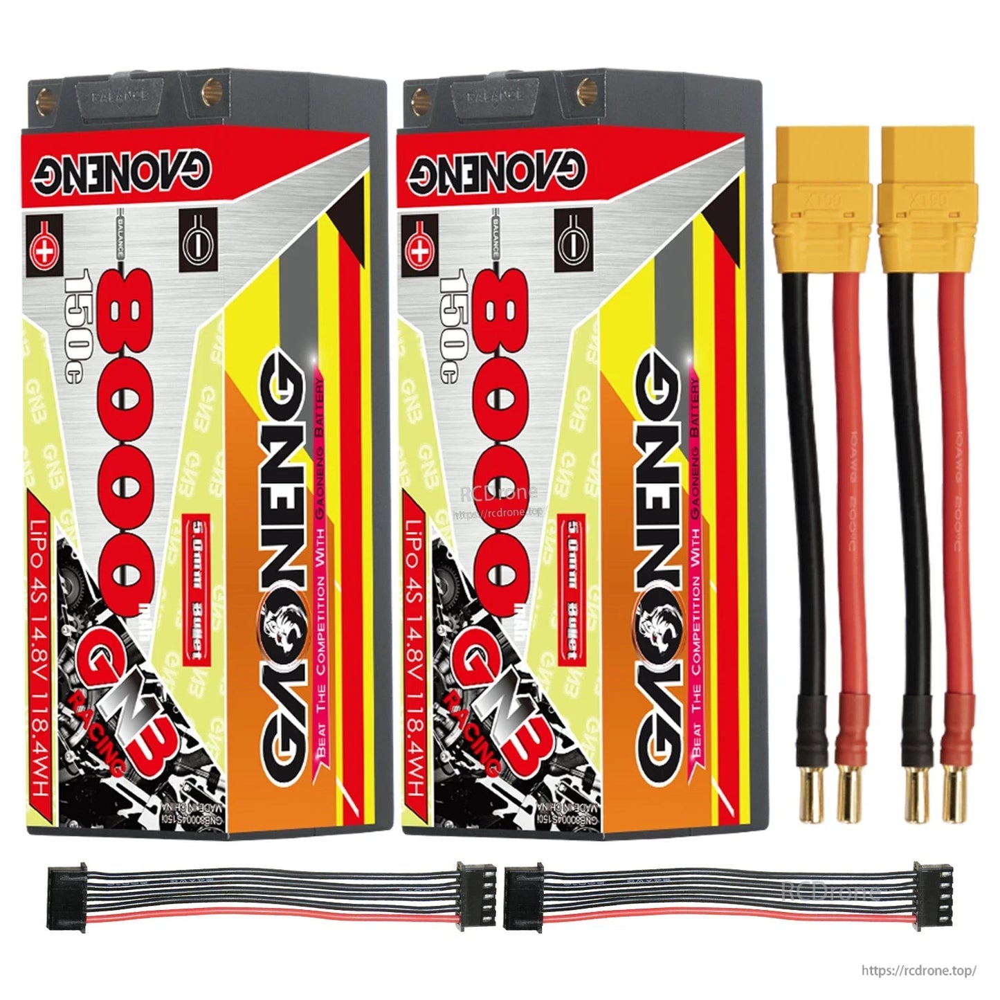 Two batteries with yellow plug leads, 5mm bullet ends, and two balance leads shown as bundle